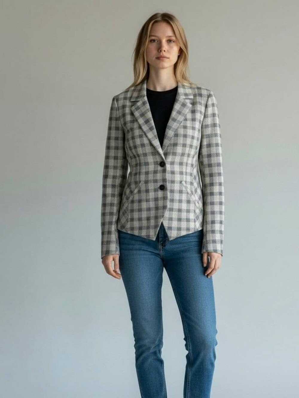 Cabi Valentina Blazer 5292 Plaid Button Checked Gray Knit Size 12